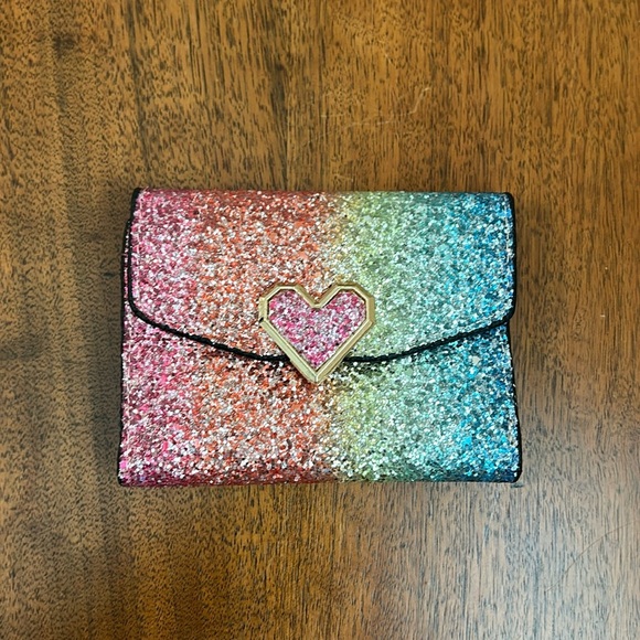 Handbags - NEW Multi-Color Glitter Tri-Fold Wallet with Heart Snap Closure Detail